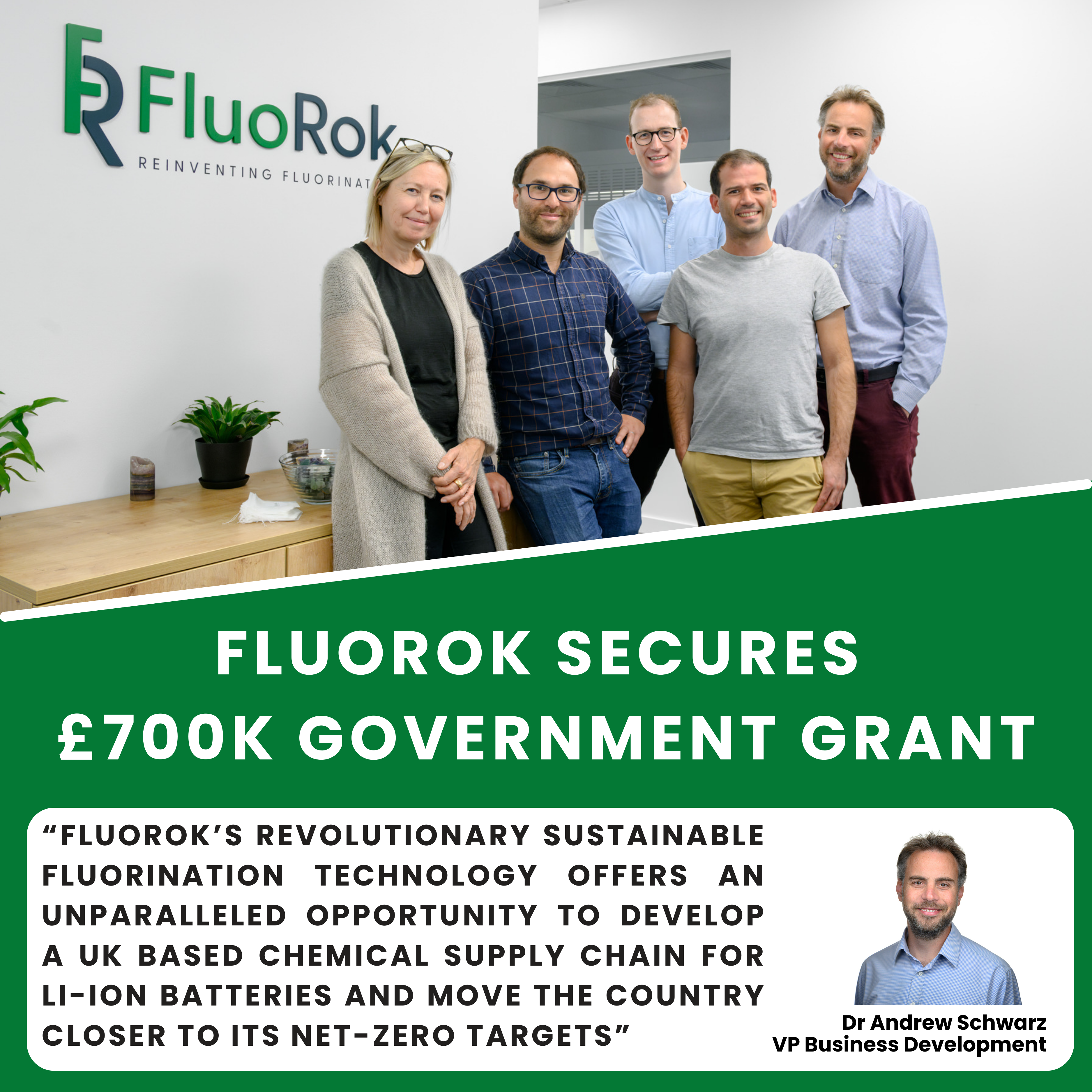 FluoRok secures £700k grant to develop the UK supply of a crucial component of Lithium-ion batteries